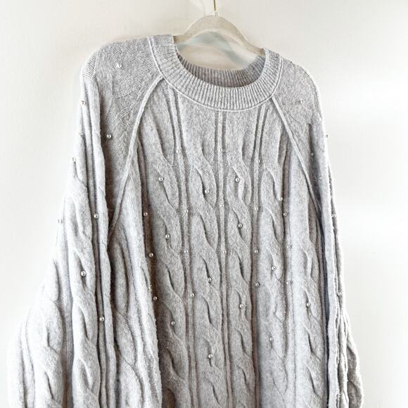 Aerie unReal Crewneck Long Sleeve Cable Pearl Detail Sweater Gray Large - Picture 7 of 10